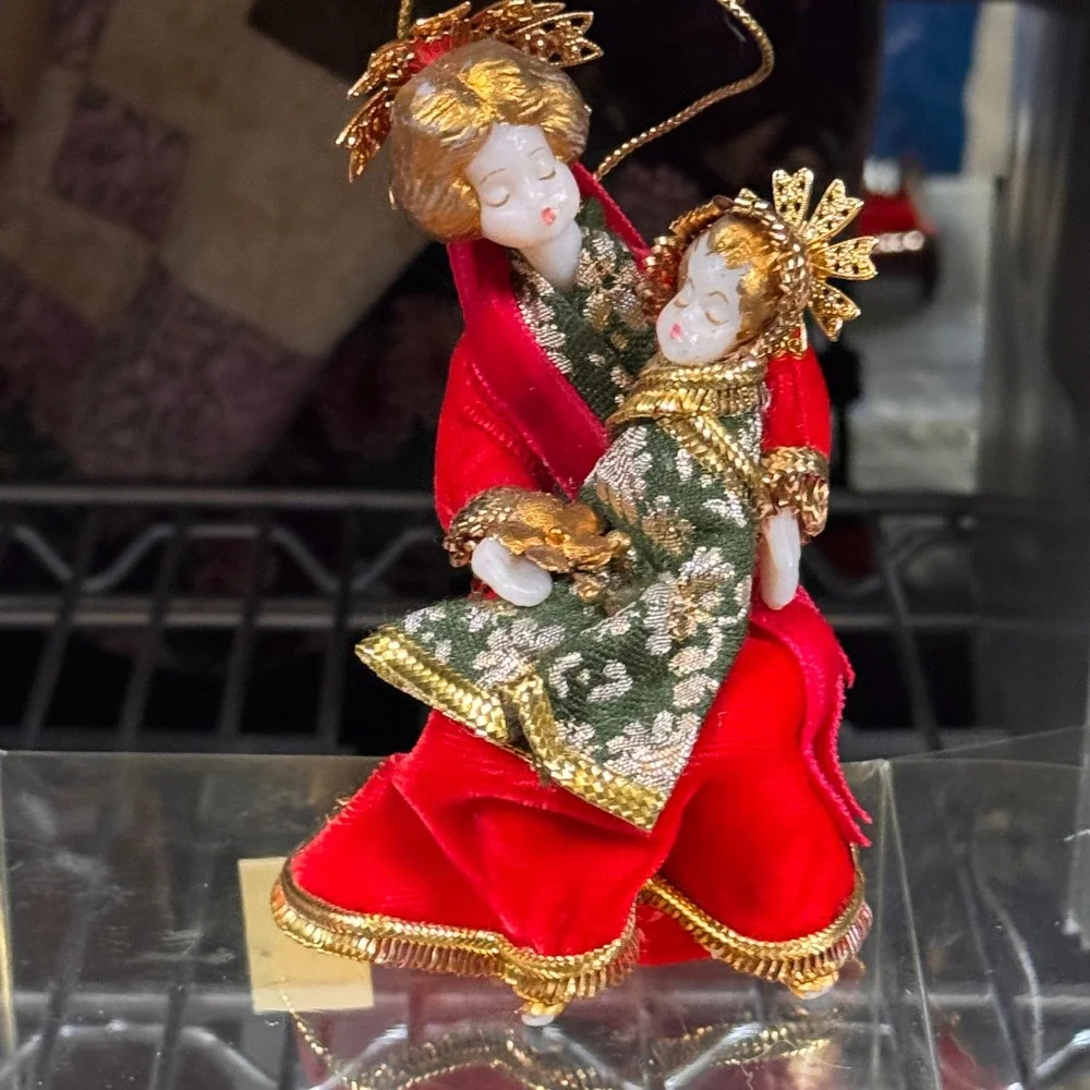 Koestel Germany Vintage Wax Face Velvet Red Green Gold Angel Madonna and Child
